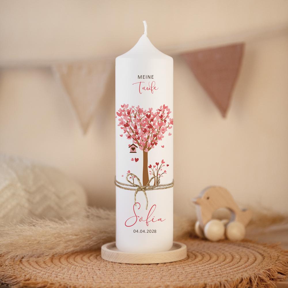 Taufkerze Baum Herzen mit Juteband rosa von Liluna