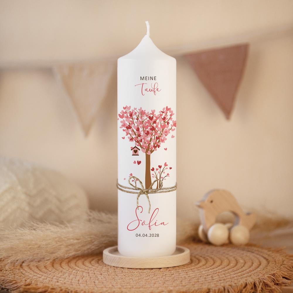 Taufkerze Baum Herzen mit Juteband rosa von Liluna
